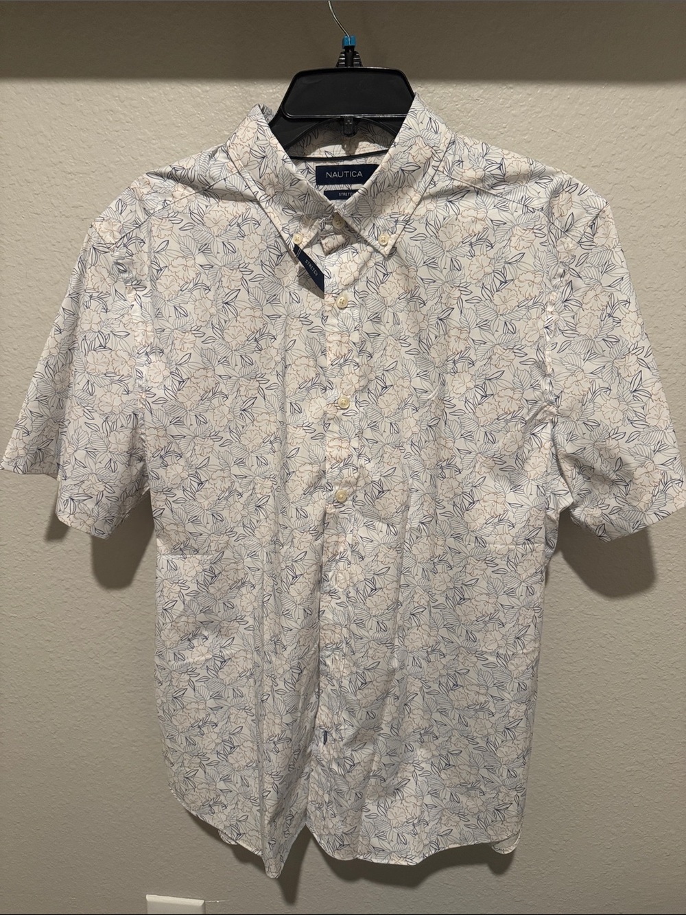 Nautica White Short-Sleeve Button-Down with Blue Leaf Print